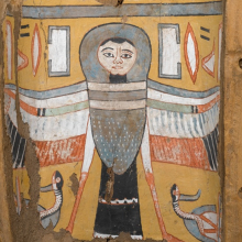 <p><i>Image of a Ba-Bird on a Footpiece from a Coffin</i>. Egypt. Third Intermediate Period, Dynasty 22, circa 945−712 <small>B.C.E. </small>Wood and plaster, painted, 11 × 12<sup>5</sup>⁄<sub>8</sub> x 5<sup>5</sup>⁄<sub>8</sub> in. (28 × 32.1 × 14.3 cm). Brooklyn Museum, Charles Edwin Wilbour Fund, 75.27</p>