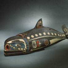 <p><i>Baleen Whale Mask</i>, 19th century. Unidentified Kwakw<ins>a</ins>k<ins>a</ins>‘wakw artist. Victoria, Vancouver Island, British Columbia, Canada. Cedar wood, hide, cotton cord, nails, pigment, 23<sup>5</sup>⁄<sub>8</sub> x 28<sup>1</sup>⁄<sub>2</sub> x 81<sup>1</sup>⁄<sub>8</sub> in. (60 × 72.4 × 206 cm). Brooklyn Museum; Museum Expedition 1908, Museum Collection Fund, 08.491.8901</p>