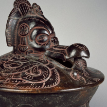 <p><i>Tetrapod Vessel with Lid</i>, 350–450. Unidentified Maya artist. Reported to have been found in Tabasco, Mexico. Ceramic, pigments, 6<sup>1</sup>⁄<sub>4</sub> x 10<sup>1</sup>⁄<sub>2</sub> x 10<sup>1</sup>⁄<sub>2</sub> in. (15.9 × 26.7 × 26.7 cm). Brooklyn Museum; Ella C. Woodward Memorial Fund, 64.217a-b</p>