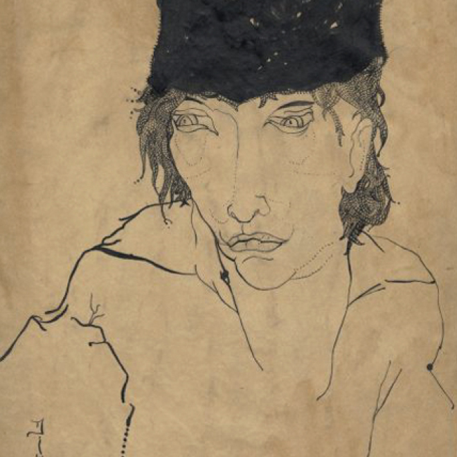 Djuna Barnes: Sketch of a woman with hat, looking right, for 