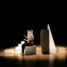 <p>Gordon Hall (American, b. 1983). <em>“Read me that part a-gain, where I disin-herit everybody,”</em> 2014. Wood, paint, and performance-lecture with projected images and colored light, dimensions variable. Commissioned by EMPAC/Experimental Media and Performance Arts Center, Rensselaer Polytechnic Institute, Troy, New York. Courtesy of the artist. © Gordon Hall. Photo: Ryan Jenkins</p>