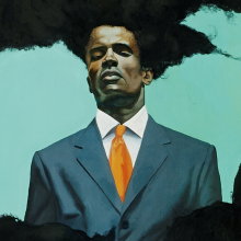 <p>Kehinde Wiley (American, b. 1977). <em>Conspicuous Fraud Series #1 (Eminence)</em>, 2001. Oil on canvas, 79<sup>1</sup>⁄<sub>2</sub> x 79<sup>1</sup>⁄<sub>2</sub> x 3<sup>1</sup>⁄<sub>2</sub> in. (201.3 × 201.3 × 8.3 cm). The Studio Museum in Harlem; Museum purchase made possible by a gift from Anne Ehrenkranz. © Kehinde Wiley</p>
