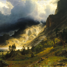 <p>Albert Bierstadt (American, born Germany, 1830–1902).<em> A Storm in the Rocky Mountains, Mt. Rosalie</em>, 1866. Oil on canvas, 83 × 142<sup>1</sup>/<sub>4</sub> in. (210.8 × 361.3 cm). Brooklyn Museum; Dick S. Ramsay Fund, Healy Purchase Fund B, Frank L. Babbott Fund, A. Augustus Healy Fund, Ella C. Woodward Memorial Fund, Carll H. de Silver Fund, Charles Stewart Smith Memorial Fund, Caroline A.L. Pratt Fund, Frederick Loeser Fund, Augustus Graham School of Design Fund, Museum Collection Fund, Special Subscription, and John B. Woodward Memorial Fund; Purchased with funds given by Daniel M. Kelly and Charles Simon; Bequest of Mrs. William T. Brewster, Gift of Mrs. W. Woodward Phelps in memory of her mother and father, Ella M. and John C. Southwick, Gift of Seymour Barnard, Bequest of Laura L. Barnes, Gift of J.A.H. Bell, and Bequest of Mark Finley, by exchange, 76.79</p>