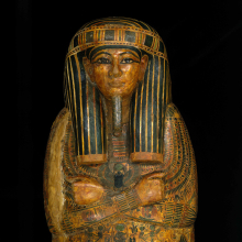 <p>Coffin and Mummy Board of Pa-seba-khai-en-ipet. Egypt, from Thebes. Third Intermediate Period, circa 1070–945 <small>B.C.E.</small> Wood, painted, 76<sup>3</sup>⁄<sub>8</sub> x 21<sup>5</sup>⁄<sub>8</sub> x 12<sup>5</sup>⁄<sub>8</sub> in. (194 × 55 × 32 cm). Brooklyn Museum, Charles Edwin Wilbour Fund, 08.480.2a–c</p>