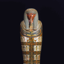 <p><em>Cartonnage of Nespanetjerenpere</em>. Egypt, probably from Thebes. Third Intermediate Period, Dynasty 22 to early Dynasty 25, circa 945–718 <small>B.C.E.</small> Linen or papyrus mixed with plaster, pigment, glass, lapis lazuli, height: 69<sup>11</sup>⁄<sub>16</sub> in. (177 cm). Brooklyn Museum, Charles Edwin Wilbour Fund, 35.1265</p>