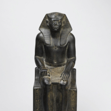 <p><em>Senwosret III</em>. Egypt, from Hierakonpolis. Middle Kingdom, Dynasty 12, reign of Senwosret III, circa 1836–1818 <small>B.C.E.</small> Granite, 21<sup>7</sup>⁄<sub>16</sub> x 7<sup>1</sup>⁄<sub>2</sub> x 13<sup>11</sup>⁄<sub>16</sub> in. (54.5 × 19 × 34.7 cm). Brooklyn Museum, Charles Edwin Wilbour Fund, 52.1</p>