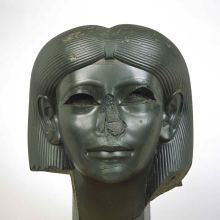 <p><em>Head from a Female Sphinx</em>. Found in Italy, said to have been in the ruins of Emperor Hadrian’s villa at Tivoli, outside Rome; originally from Egypt, probably Heliopolis. Middle Kingdom, Dynasty 12, reign of Amunemhat II, circa 1876–1842 <small>B.C.E.</small> Chlorite, 15<sup>5</sup>⁄<sub>16</sub> x 13<sup>1</sup>⁄<sub>8</sub> x 13<sup>15</sup>⁄<sub>16</sub> in. (38.9 × 33.3 × 35.4 cm). Brooklyn Museum, Charles Edwin Wilbour Fund, 56.85</p>