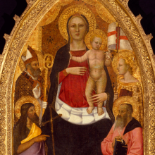 <p>Nardo di Cione (Italian, Florentine, active 1343–1356/1366). <em>Madonna and Child Enthroned with Saints Zenobius, John the Baptist, Reparata, and John the Evangelist</em>, mid-14th century. Tempera and tooled gold on panel, 77<sup>1</sup>⁄<sub>2</sub> x 39<sup>1</sup>⁄<sub>2</sub> in. (196.9 × 100.3 cm). Brooklyn Museum, Healy Purchase Fund B; Gift of Mrs. S. S. Auchincloss, James A. H. Bell, Mrs. Tunis G. Bergen, Mrs. Arthur Blake, Leonard Block, Mary A. Brackett, Mrs. Charles Bull in memory of Noel Joseph Becar, Sidney Curtis, Mrs. Watson B. Dickerman, Forrest Dryden, the estate of George M. Dunaif, Marion Gans, Francis Gottsberger in memory of his wife, Eliza, bequest of Anne Halstead, Mrs. William H. Haupt, A. Augustus Healy, William H. Herriman, Mrs. Alexander Howe, Julian Clarence Levi, the Martin estate, bequest of Emilie Henriette Mayr in memory of her brother and sister-in-law, Mr. and Mrs. George Mayr, Mrs. Richard Norsam Meade in memory of Margery Moyca Newell, Bernard Palitz, Richman Proskauer, Charles A Schieren, the estate of Isabel Shults, Mr. and Mrs. Daniel H. Silberberg, Austin Wolf, Mrs. Hamilton Wolf, and Mrs. Henry Wolf, by exchange, 1995.2</p>