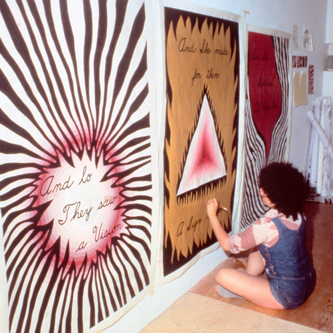 Judy Chicago designing entry banners