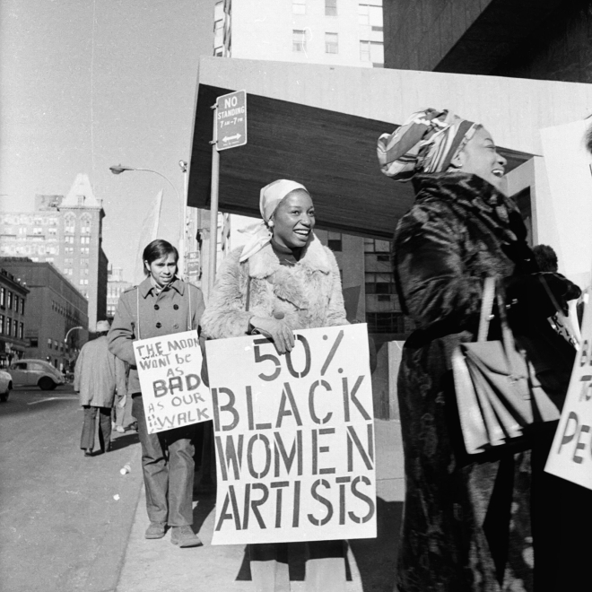 Jan van Raay: Faith Ringgold and Michelle Wallace at Art Workers Coalition Protest, Whitney Museum