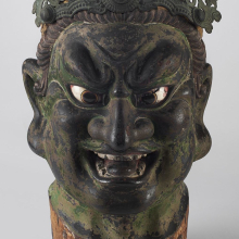 
                          
                          Head of a Guardian. Japan, Kamakura period (1185–1333), 13th century. Hinoki cypress wood with lacquer on cloth, pigment, rock crystal, metal, 221⁄16 x 101⁄4 x 1315⁄16 (56 × 26 × 35.5 cm). Brooklyn Museum; Gift of Mr. and Mrs. Alastair B. Martin, the Guennol Collection, 86.21. (Photo: Brooklyn Museum)
                          
                          
