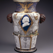 <p>Karl L. H. Mueller, designer (American, born Germany, 1820–1887). Union Porcelain Works, manufacturer, Greenpoint, Brooklyn, New York (1863–circa 1922). <em>Century Vase</em>, 1876. Glazed porcelain, enamel, gilding, 22<sup>1</sup>/<sub>4</sub> in × 10 in. (56.5 cm × 25.4 cm). Gift of Carl and Franklin Chace, in memory of their mother, Pastora Forest Smith Chace, daughter of Thomas Carll Smith, the founder of the Union Porcelain Works, 43.25. (Photo: Brooklyn Museum)</p>