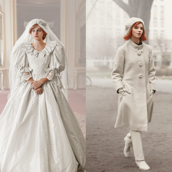 Two stills, one of The Crown and the other of The Queen's Gambit, each showing a central character, with both dressed completely in white costumes