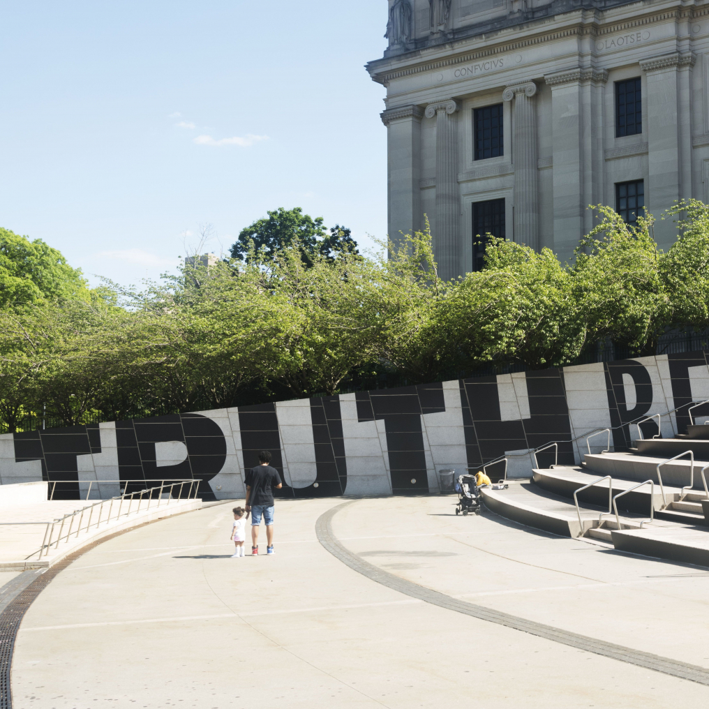 Nick Cave in collaboration with Bob Faust: Truth Be Told installed outdoors at the Brooklyn Museum
