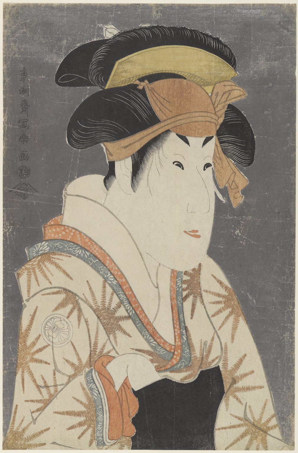 Woodblock print of a person in traditional Japanese attire