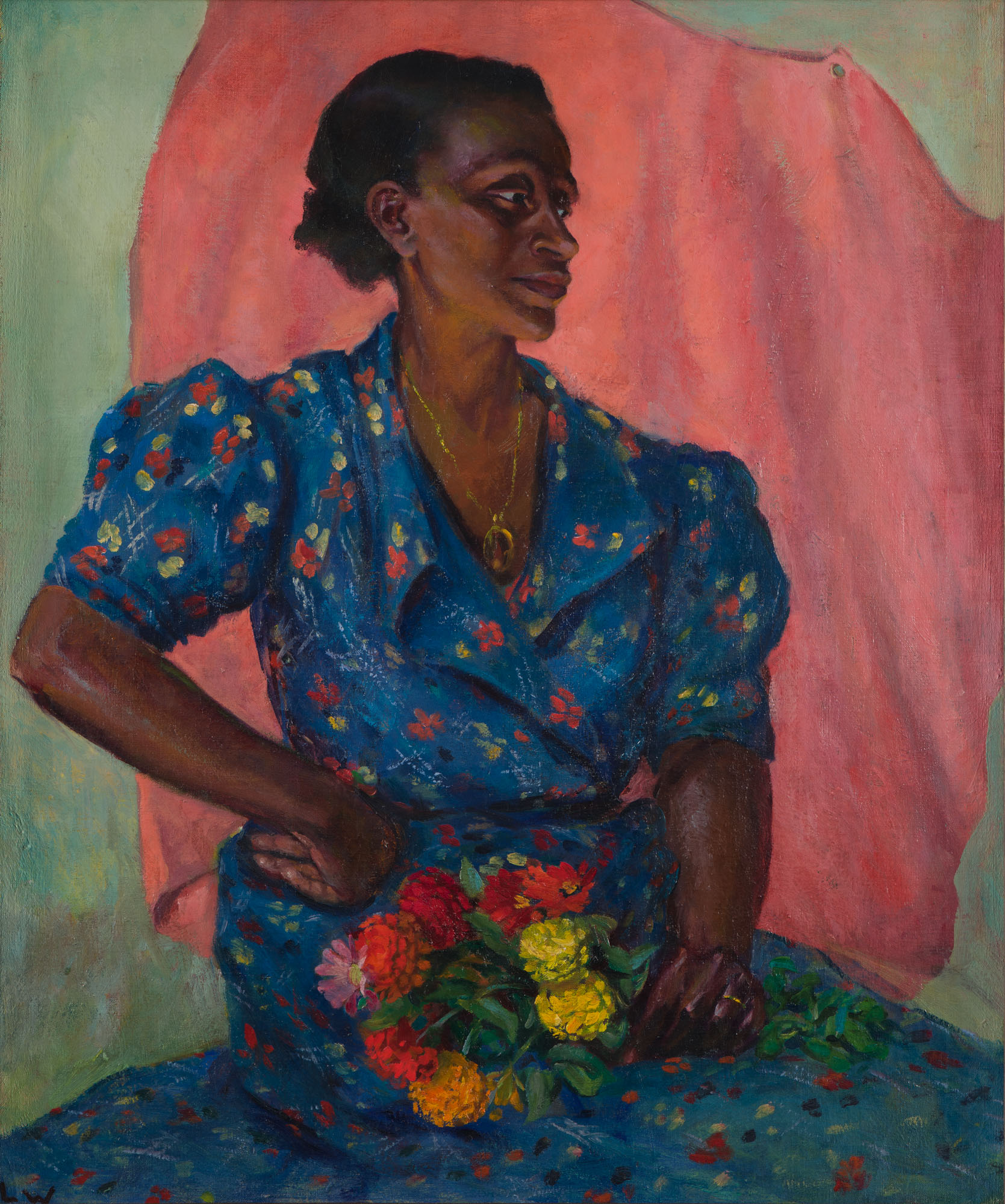 Painting of a seated woman holding a bouquet of flowers