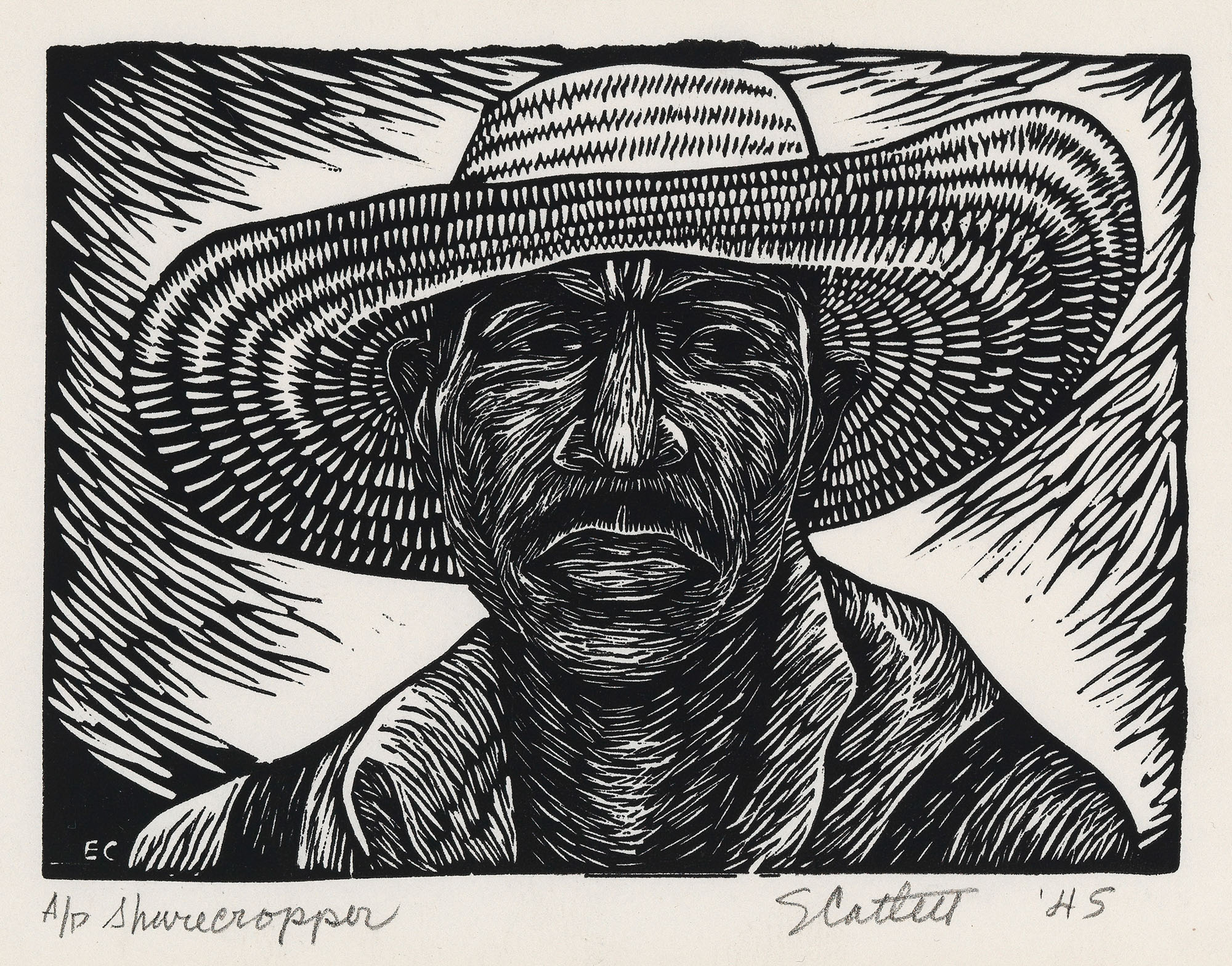 A linocut of a man wearing a wide-brimmed hat