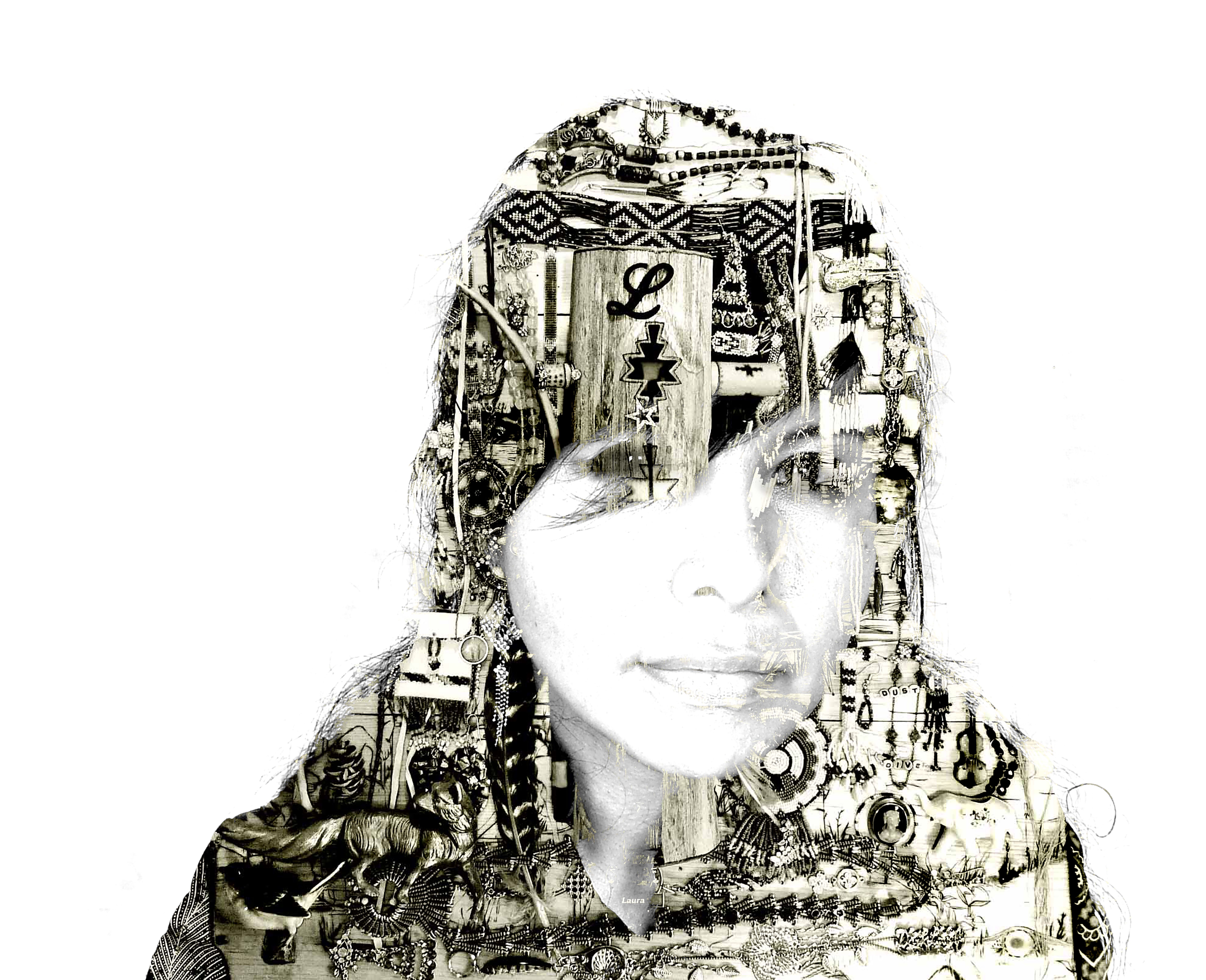 Portrait of a woman superimposed with symbols