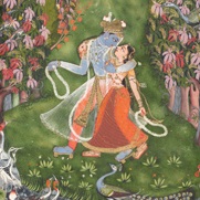 <p><i>Krishna and Radha in a Grove</i>. Northern India (Rajasthan, Kota), circa 1720. Opaque watercolor and gold on paper, 7<sup>1</sup>⁄<sub>2</sub> x 4<sup>3</sup>⁄<sub>8</sub> in. (19 × 11.1 cm). The Metropolitan Museum of Art, Cynthia Hazen Polsky and Leon B. Polsky Fund, 2003.178a, b. © The Metropolitan Museum of Art / Art Resource, NY</p>