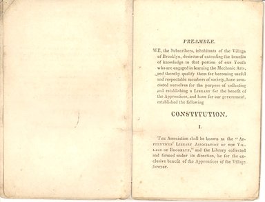 <em>"Constitution of the Apprentices' Library Association of the village of Brooklyn."</em>. Printed material. Brooklyn Museum. (AS36_B79_A2_1823_Apprentice_Constitution_p02-03.jpg