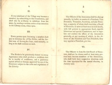 <em>"Constitution of the Apprentices' Library Association of the village of Brooklyn."</em>. Printed material. Brooklyn Museum. (AS36_B79_A2_1823_Apprentice_Constitution_p04-05.jpg