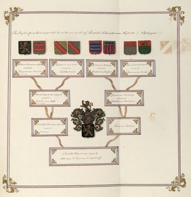 <em>"Family tree, shields, and coat of arms. The Eight quarters imputed to be with an oath of Arnold Schenck van Nydeck./Nydeggen."</em>, 2013. Printed material. Brooklyn Museum. (Photo: Brooklyn Museum, CS71_Sch26_D94_Schenck_p038a_PS6.jpg