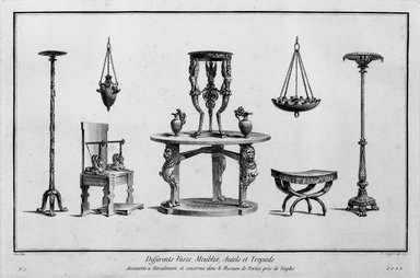 <em>"No. 3. Differents Vases, Meubles, Autels et Trepieds. Decouverts à Herculanum, et conservés  dans le Museum de Portici près de Naples. A.P.D.R."</em>, 1777. b/w negative, 4x5in. Brooklyn Museum. (DG424_Sa2_Voyage_Naples_bw.jpg