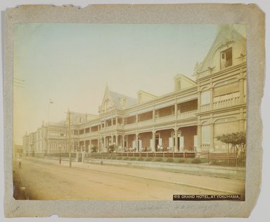 <em>"418. Grand Hotel at Yokohama. Annotated:  Arrived at 4AM Aug 4th."</em>, 1890. Bw photographic print, sepia toned. Brooklyn Museum. (Photo: Brooklyn Museum, DS809_P56_vol1_no01a_PS4.jpg