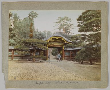 <em>"Annotated:  Temple gate, Shiba Park, Tokio."</em>, 1890. Bw photographic print, sepia toned. Brooklyn Museum. (Photo: Brooklyn Museum, DS809_P56_vol1_no06a_PS4.jpg