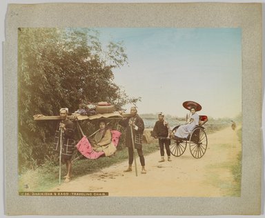 <em>"C26. Jinrikisha & kago traveling chair."</em>, 1890. Bw photographic print, sepia toned. Brooklyn Museum. (Photo: Brooklyn Museum, DS809_P56_vol1_no20a_PS4.jpg