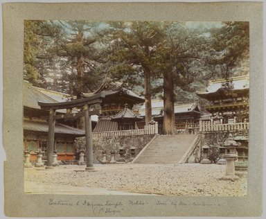 <em>"Annotated:  Entrance to Ieyasu Temple, Nikko, torei, big tree, bell tower, 1st Shogun."</em>, 1890. Bw photographic print, sepia toned. Brooklyn Museum. (Photo: Brooklyn Museum, DS809_P56_vol1_no27b_PS4.jpg