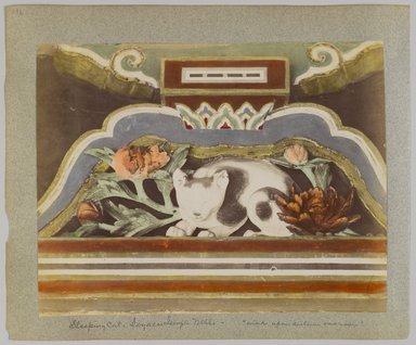 <em>"Annotated:  Sleeping cat, Ieyasu Temple, Nikko, 'winks upon certain occasions'."</em>, 1890. Bw photographic print, sepia toned. Brooklyn Museum. (Photo: Brooklyn Museum, DS809_P56_vol1_no29b_PS4.jpg