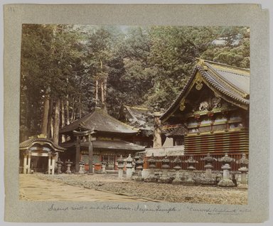 <em>"Annotated:  Sacred well and storehouses, Ieyasu Temple, carved elephants."</em>, 1890. Bw photographic print, sepia toned. Brooklyn Museum. (Photo: Brooklyn Museum, DS809_P56_vol1_no33b_PS4.jpg