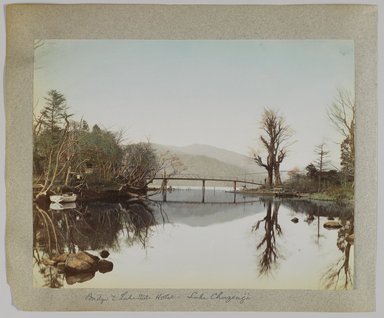 <em>"Annotated:  Bridge to lakeside hotel, Lake Chuzenji."</em>, 1890. Bw photographic print, sepia toned. Brooklyn Museum. (Photo: Brooklyn Museum, DS809_P56_vol1_no42b_PS4.jpg