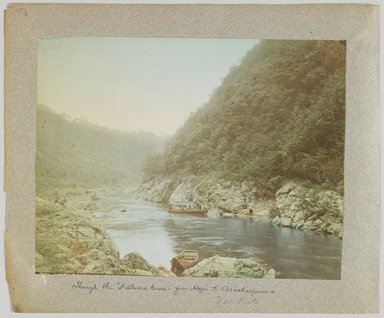 <em>"Annotated:  Through the Katsura-Gawa from Hozu to Arashiyama, near Kioto."</em>, 1890. Bw photographic print, sepia toned. Brooklyn Museum. (Photo: Brooklyn Museum, DS809_P56_vol1_no49b_PS4.jpg