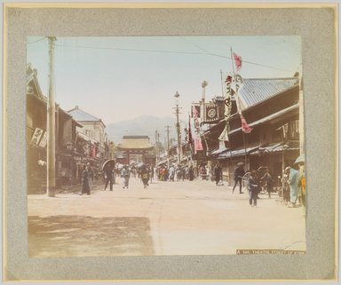 <em>"A580. Theatre street of Kobe."</em>, 1890. Bw photographic print, sepia toned. Brooklyn Museum. (Photo: Brooklyn Museum, DS809_P56_vol2_no77_PS4.jpg