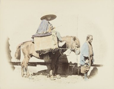 <em>"Yaconin on a packhorse, traveling on the Tokaido"</em>. Bw photographic print, hand tinted. Brooklyn Museum. (Photo: Brooklyn Museum, DS821_P56_no04_PS4.jpg