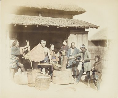 <em>"Pounding and milling rice"</em>. Bw photographic print, hand tinted. Brooklyn Museum. (Photo: Brooklyn Museum, DS821_P56_no08_PS4.jpg