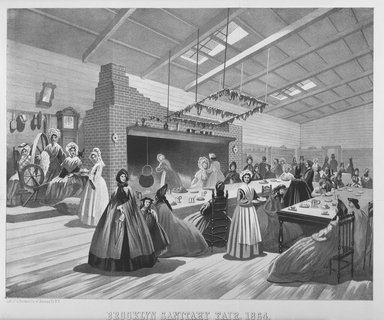 <em>"Brooklyn Sanitary Fair, 1864. Lith. of A. Brown & Co. 47 Nassau St. N.Y."</em>, 1864. Bw negative 4x5in. Brooklyn Museum. (E632_B79_Brooklyn_Fair_Kitchen_bw.jpg
