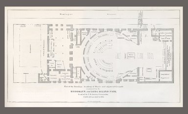 <em>"Plan of the Brooklyn Academy of Music and adjacent grounds as prepared for the Brooklyn and long Island Fair."</em>, 1864. Printed material, 11 in (28 cm). Brooklyn Museum. (E632_B79_Sanitary_Fair_p100-101_SL1.jpg