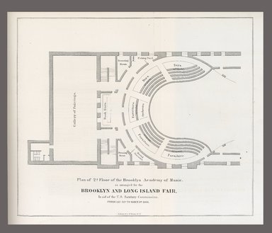 <em>"Plan of the 2d floor of the Brooklyn Academy of Music as arranged for the Brooklyn and Long Island Sanitary Fair"</em>, 1864. Printed material, 11 in (28 cm). Brooklyn Museum. (E632_B79_Sanitary_Fair_p173_SL1.jpg