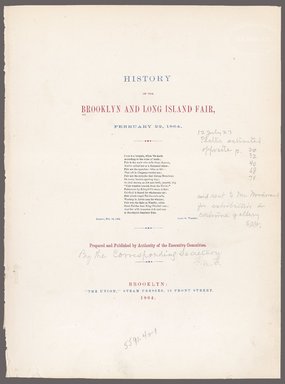 <em>"Title page, 'History of the Brooklyn and Long Island Fair.'"</em>, 1864. Printed material, 11 in (28 cm). Brooklyn Museum. (E632_B79_Sanitary_Fair_title_page_SL1.jpg