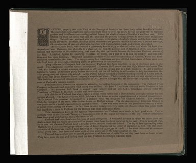 <em>"Introductory page to collection with a brief history of Flatbush."</em>. Photograph album, 8.375 x 10.125 in (21 x 26.6 cm). Brooklyn Museum, CHART_2012. (F129_B79_B776_Brooklyn_Garden_01_recto.jpg