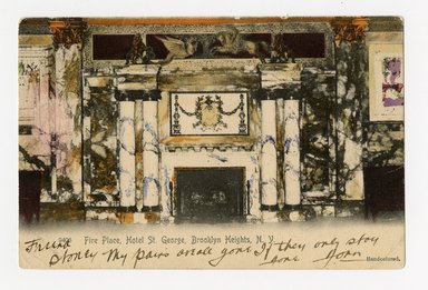 <em>"Fireplace, Hotel St. George, Brooklyn Heights, N.Y. Recto."</em>, 1908. Postcard, 3.5 x 5.5 in (8.9 x 14 cm). Brooklyn Museum, CHART_2012. (F129_B79_B796_Hotel_Saint_George_Fireplace_recto.jpg