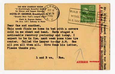 <em>"The New Stardust Room, Hotel St. George, Brooklyn, N.Y. Verso."</em>, 1947. Postcard, 3.5 x 5.5 in (8.9 x 14 cm). Brooklyn Museum, CHART_2012. (F129_B79_B796_Hotel_Saint_George_Stardust_Room_verso.jpg