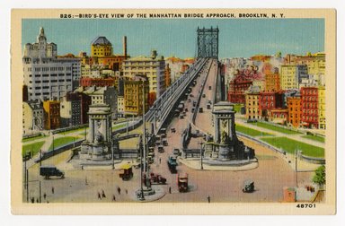 <em>"B26: Birds Eye View of the Manhattan Bridge Approach, Brooklyn, N.Y. Recto."</em>. Postcard, 3.5 x 5.5 in (8.9 x 14 cm). Brooklyn Museum, CHART_2012. (F129_B79_B796_Manhattan_Bridge_Approach_recto.jpg