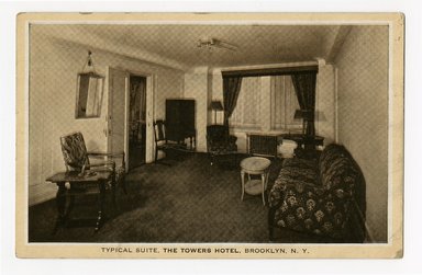 <em>"Typical Suite, The Towers Hotel, Brooklyn. N.Y. Recto."</em>. Postcard, 3.5 x 5.5 in (8.9 x 14 cm). Brooklyn Museum, CHART_2012. (F129_B79_B796_Towers_Hotel_Typical_Suite_recto.jpg