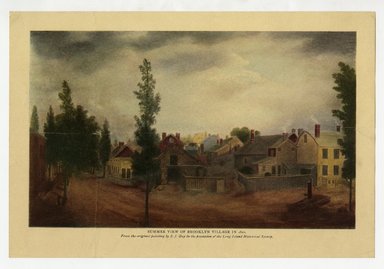 <em>"'Summer View of Brooklyn Village in 1820. From the original painting by S.J. Guy [sic] in the possession of the Long Island Historical Society.'"</em>. Printed material, 6.25 x 9.25in (16 x 23.5cm). Brooklyn Museum, CHART_2011. (F129_B79_C61_Brooklyn_Houses_01.jpg