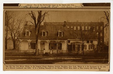<em>"'The Old Van Pelt Manor House, in the Original King's Highway Section, Brooklyn, New York,' from the Boston Herald, March 1925."</em>, ca. 1925. Printed material, 5 x 7.75in (12.5 x 19.5cm). Brooklyn Museum, CHART_2011. (F129_B79_C61_Brooklyn_Houses_02.jpg