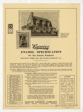 <em>"Kyanize enamel advertisement featuring a photograph of the wooden mantel  and measured drawings of the Snedeker House. Drawings by Edgar and Verna Cook Salomonsky."</em>, ca. 1922. Printed material, 11 x 8in (28 x 20.5cm). Brooklyn Museum, CHART_2011. (F129_B79_C61_Brooklyn_Houses_05_verso.jpg